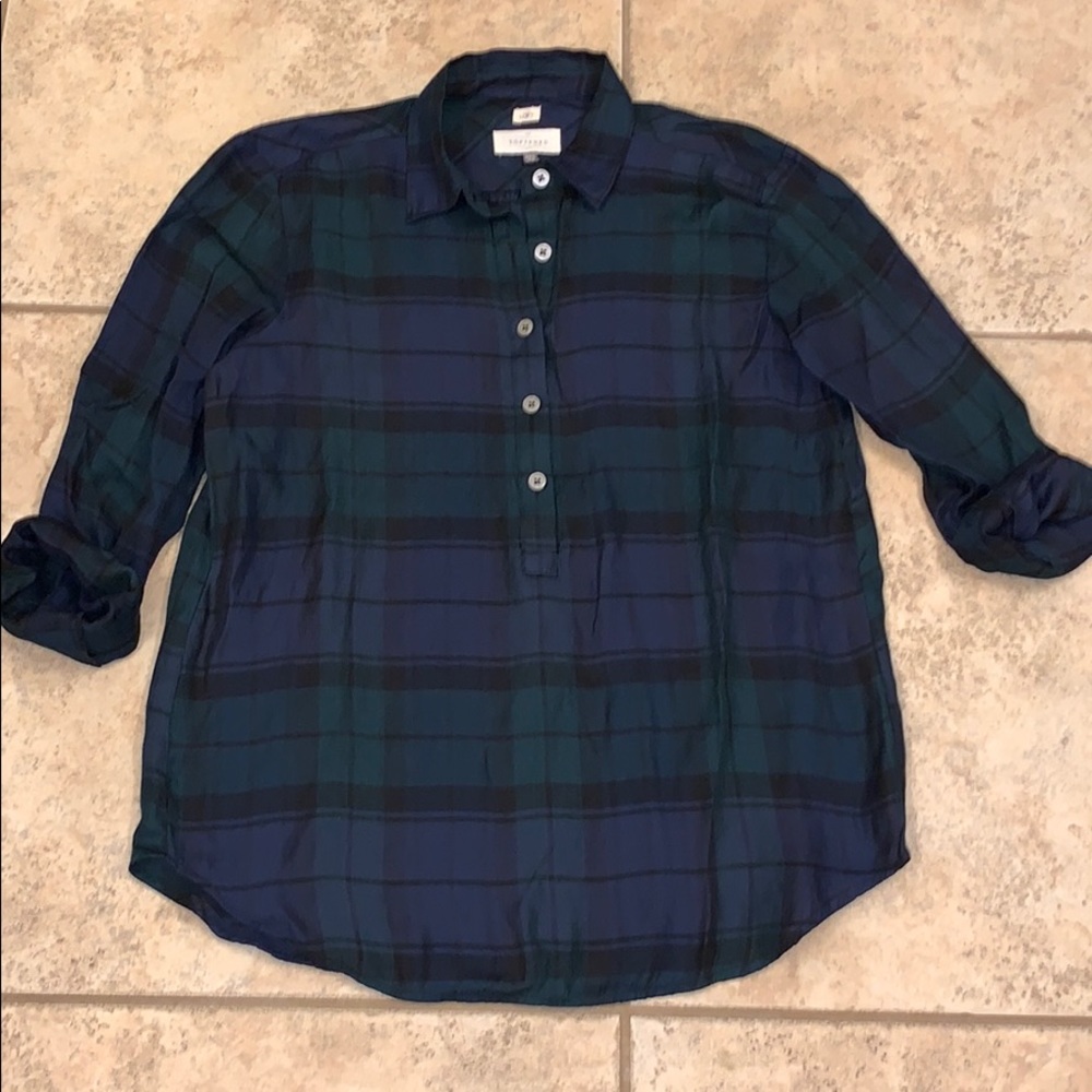 Loft Softened Bl/Gn Plaid Half Button Up Top XS